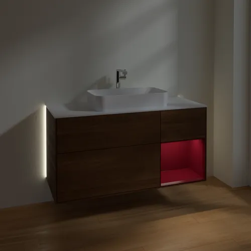 Bild von VILLEROY BOCH Finion Waschbeckenunterschrank, mit Beleuchtung, 3 Auszüge, 1200 x 603 x 501 mm, Walnut Veneer / Peony Matt Lacquer / Glass White Matt #G301HBGN