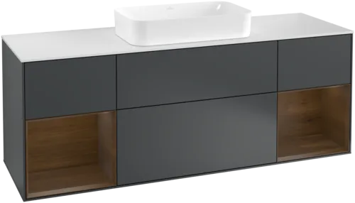 Picture of VILLEROY BOCH Finion Vanity unit, with lighting, 4 pull-out compartments, 1600 x 603 x 501 mm, Midnight Blue Matt Lacquer / Walnut Veneer / Glass White Matt #G331GNHG
