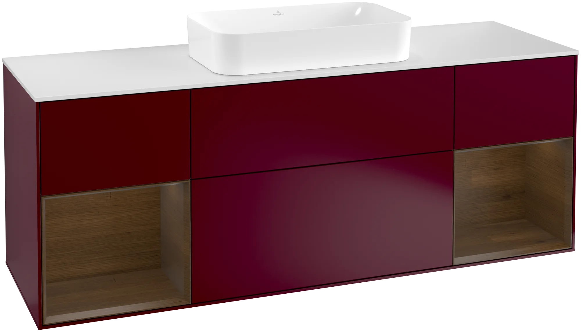 Picture of VILLEROY BOCH Finion Vanity unit, with lighting, 4 pull-out compartments, 1600 x 603 x 501 mm, Peony Matt Lacquer / Walnut Veneer / Glass White Matt #G331GNHB