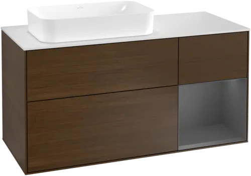 Picture of VILLEROY BOCH Finion Vanity unit, with lighting, 3 pull-out compartments, 1200 x 603 x 501 mm, Walnut Veneer / Anthracite Matt Lacquer / Glass White Matt #G281GKGN