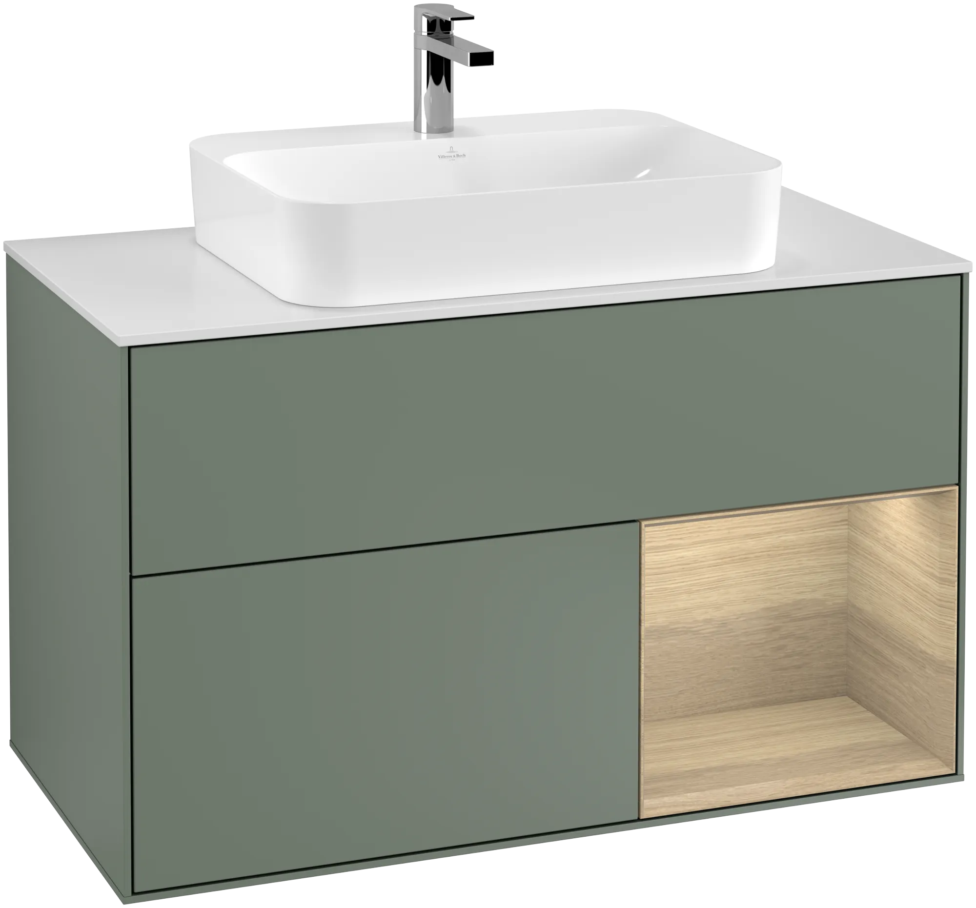 Picture of VILLEROY BOCH Finion Vanity unit, with lighting, 2 pull-out compartments, 1000 x 603 x 501 mm, Olive Matt Lacquer / Oak Veneer / Glass White Matt #G371PCGM