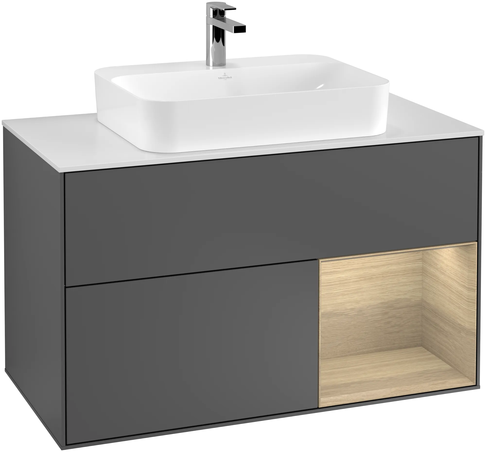 Picture of VILLEROY BOCH Finion Vanity unit, with lighting, 2 pull-out compartments, 1000 x 603 x 501 mm, Anthracite Matt Lacquer / Oak Veneer / Glass White Matt #G371PCGK