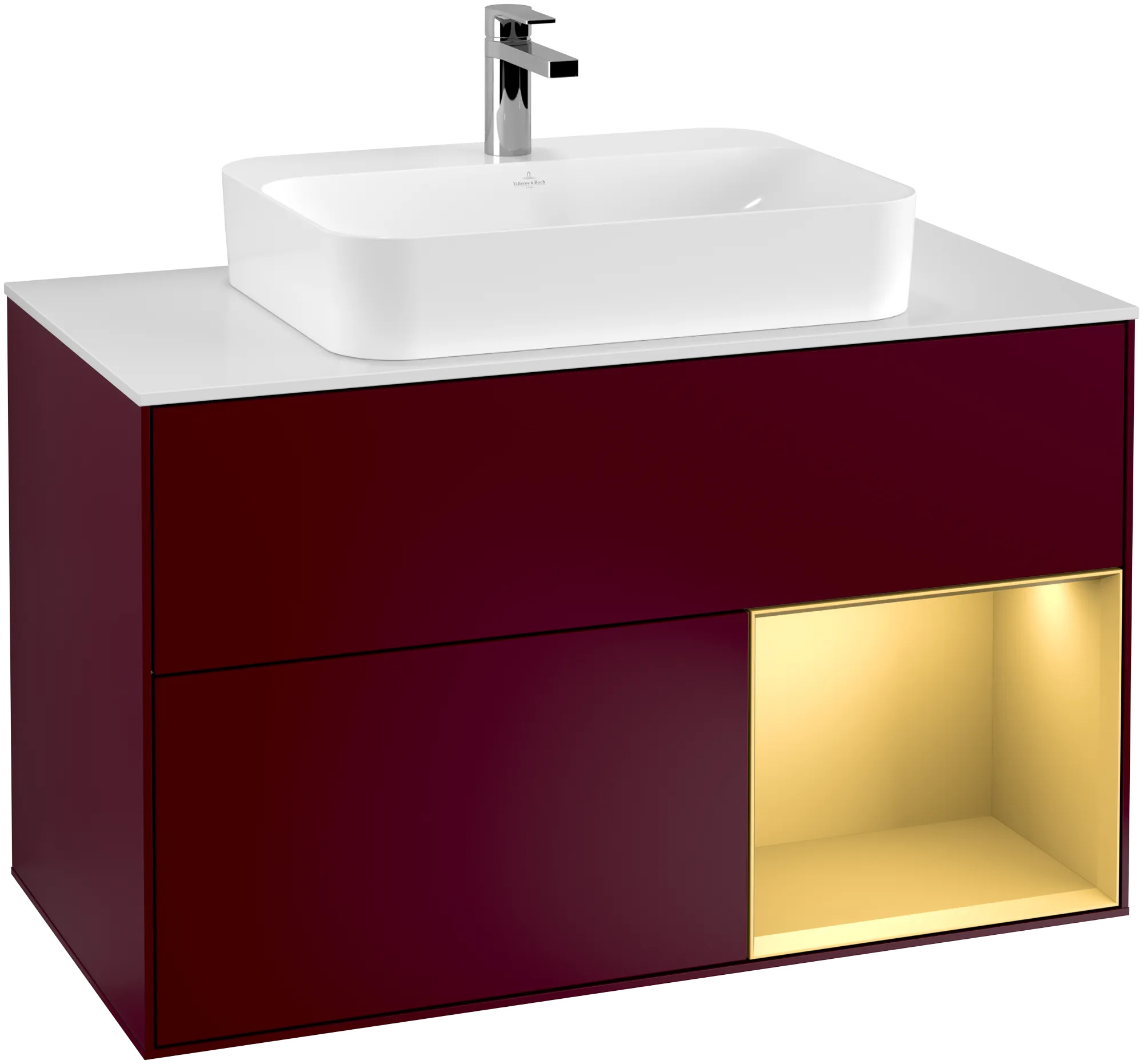 Picture of VILLEROY BOCH Finion Vanity unit, with lighting, 2 pull-out compartments, 1000 x 603 x 501 mm, Peony Matt Lacquer / Gold Matt Lacquer / Glass White Matt #G371HFHB