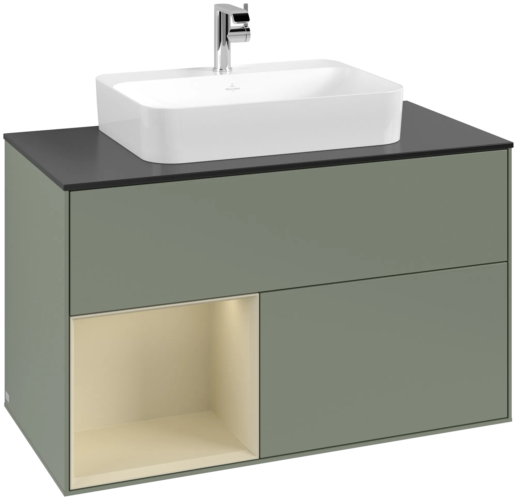 Picture of VILLEROY BOCH Finion Vanity unit, with lighting, 2 pull-out compartments, 1000 x 603 x 501 mm, Olive Matt Lacquer / Silk Grey Matt Lacquer / Glass Black Matt #G362HJGM