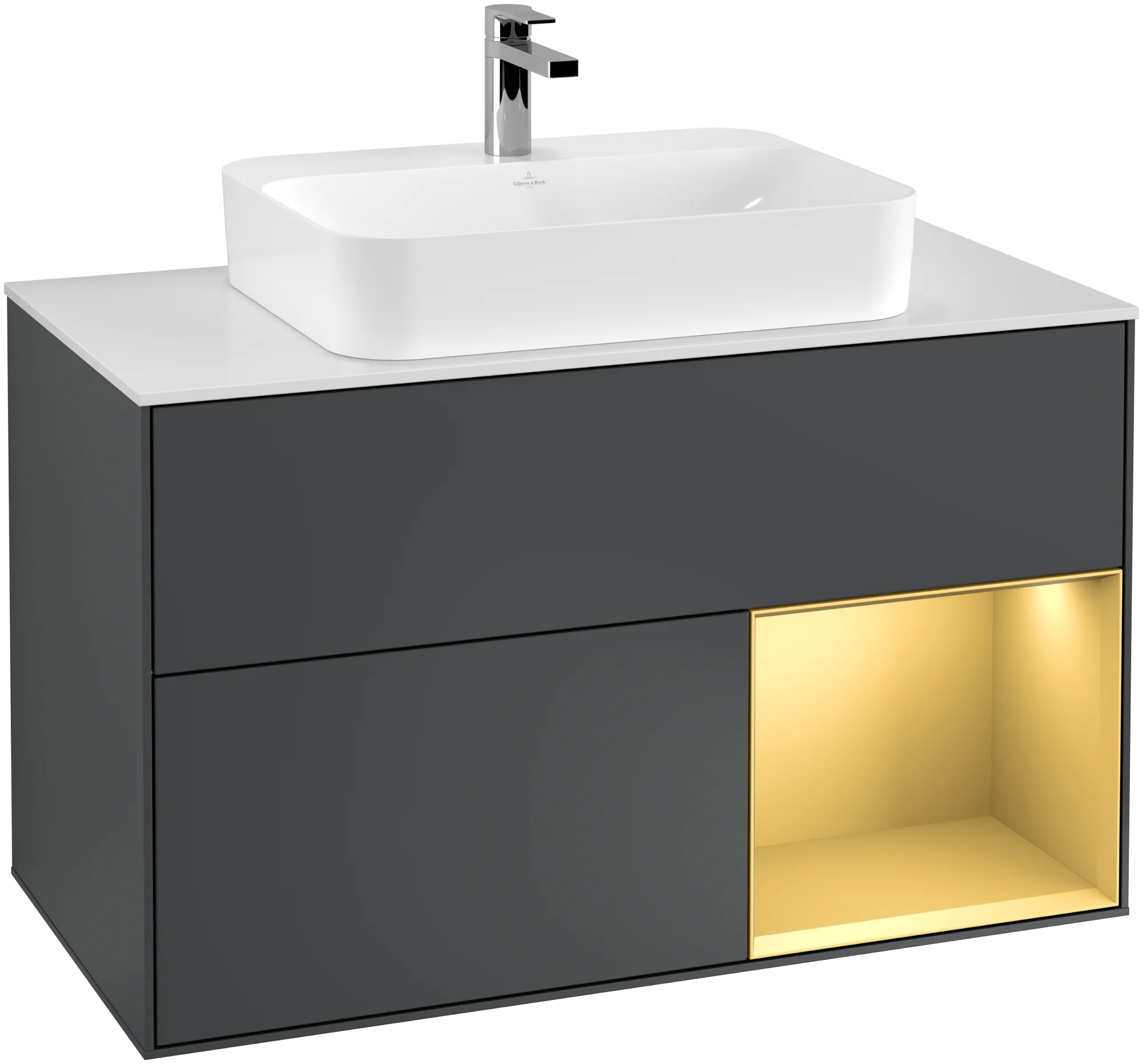 Picture of VILLEROY BOCH Finion Vanity unit, with lighting, 2 pull-out compartments, 1000 x 603 x 501 mm, Midnight Blue Matt Lacquer / Gold Matt Lacquer / Glass White Matt #G371HFHG