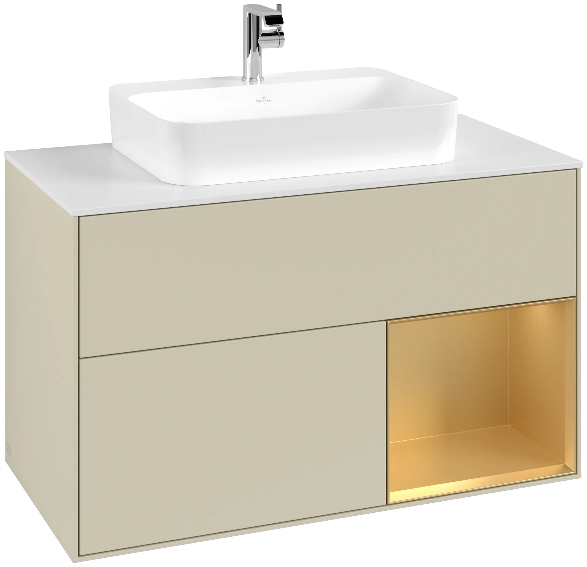 Picture of VILLEROY BOCH Finion Vanity unit, with lighting, 2 pull-out compartments, 1000 x 603 x 501 mm, Silk Grey Matt Lacquer / Gold Matt Lacquer / Glass White Matt #G371HFHJ
