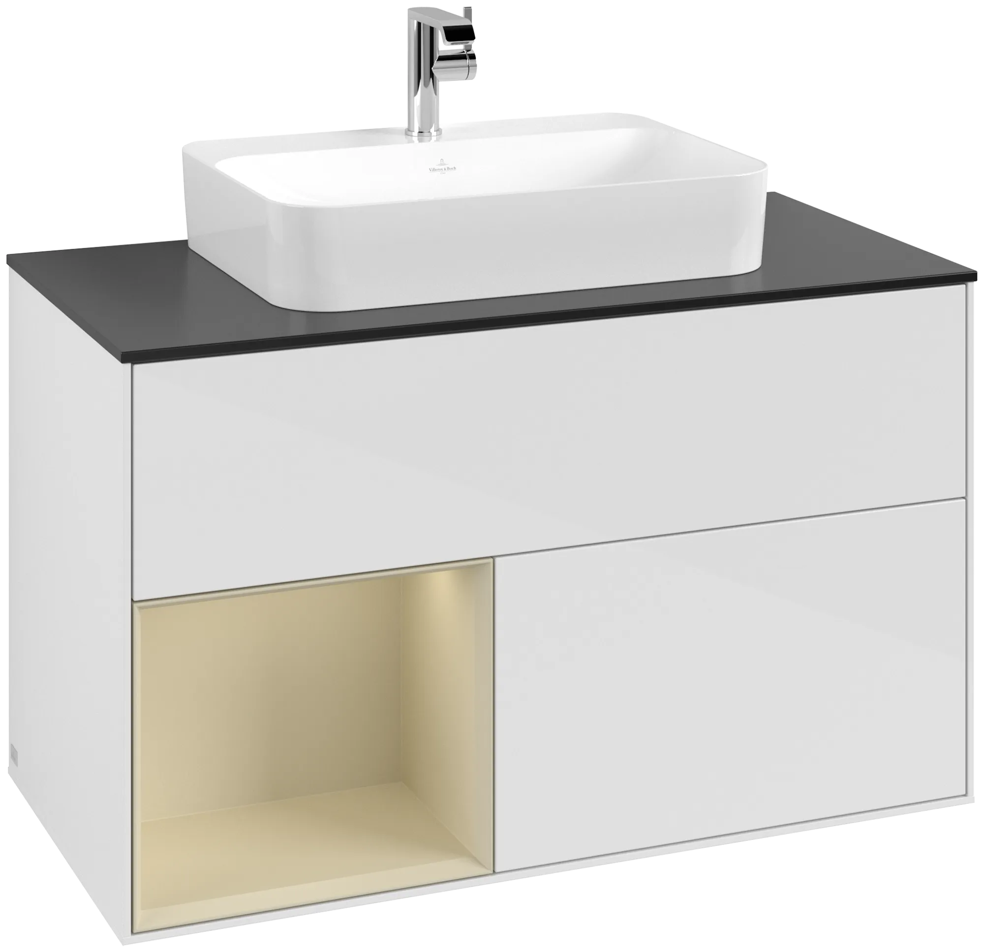 Picture of VILLEROY BOCH Finion Vanity unit, with lighting, 2 pull-out compartments, 1000 x 603 x 501 mm, Glossy White Lacquer / Silk Grey Matt Lacquer / Glass Black Matt #G362HJGF