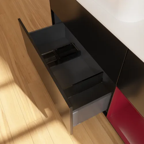 Bild von VILLEROY BOCH Finion Waschbeckenunterschrank, mit Beleuchtung, 3 Auszüge, 1200 x 603 x 501 mm, Black Matt Lacquer / Peony Matt Lacquer / Glass White Matt #G401HBPD