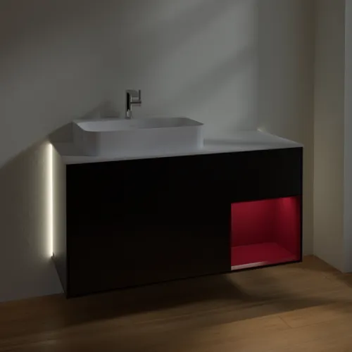 Bild von VILLEROY BOCH Finion Waschbeckenunterschrank, mit Beleuchtung, 3 Auszüge, 1200 x 603 x 501 mm, Black Matt Lacquer / Peony Matt Lacquer / Glass White Matt #G401HBPD