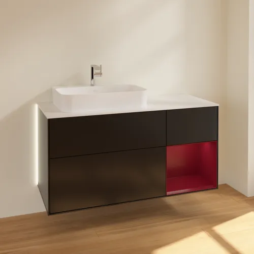 Bild von VILLEROY BOCH Finion Waschbeckenunterschrank, mit Beleuchtung, 3 Auszüge, 1200 x 603 x 501 mm, Black Matt Lacquer / Peony Matt Lacquer / Glass White Matt #G401HBPD
