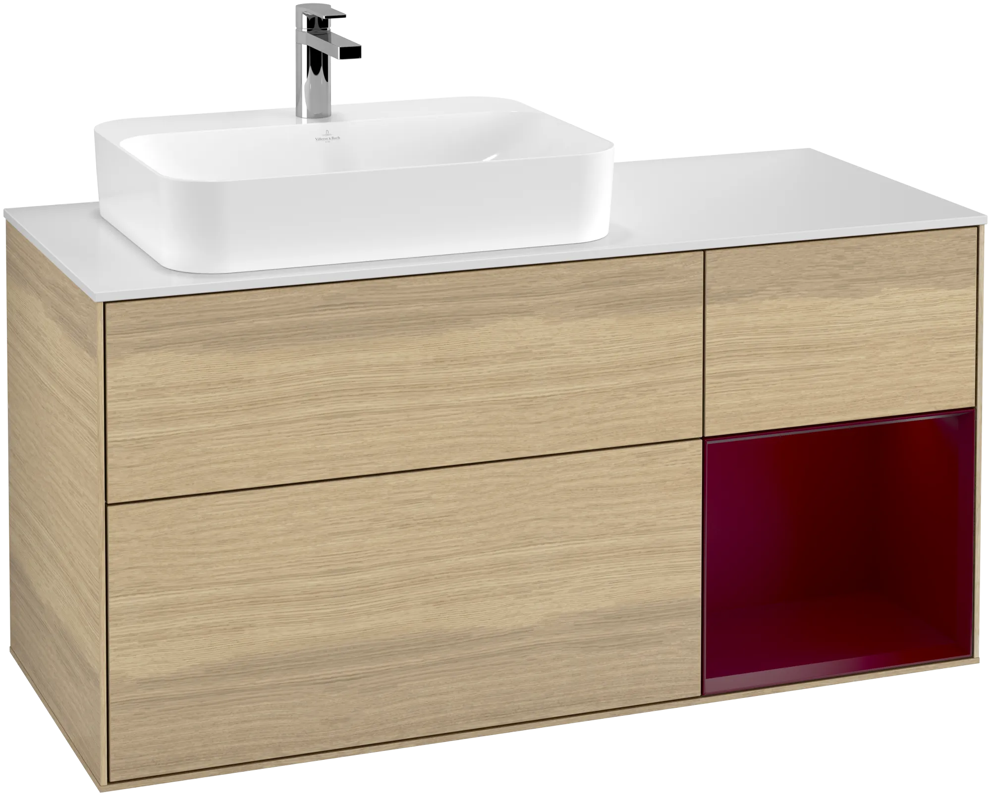Picture of VILLEROY BOCH Finion Vanity unit, with lighting, 3 pull-out compartments, 1200 x 603 x 501 mm, Oak Veneer / Peony Matt Lacquer / Glass White Matt #G401HBPC