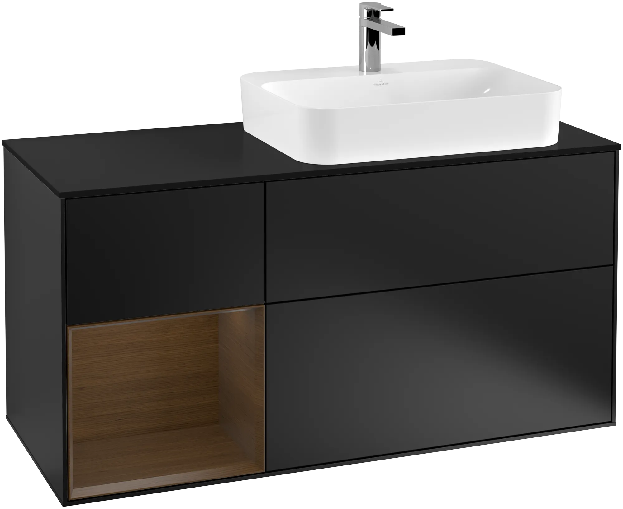 Picture of VILLEROY BOCH Finion Vanity unit, with lighting, 3 pull-out compartments, 1200 x 603 x 501 mm, Black Matt Lacquer / Walnut Veneer / Glass Black Matt #G392GNPD