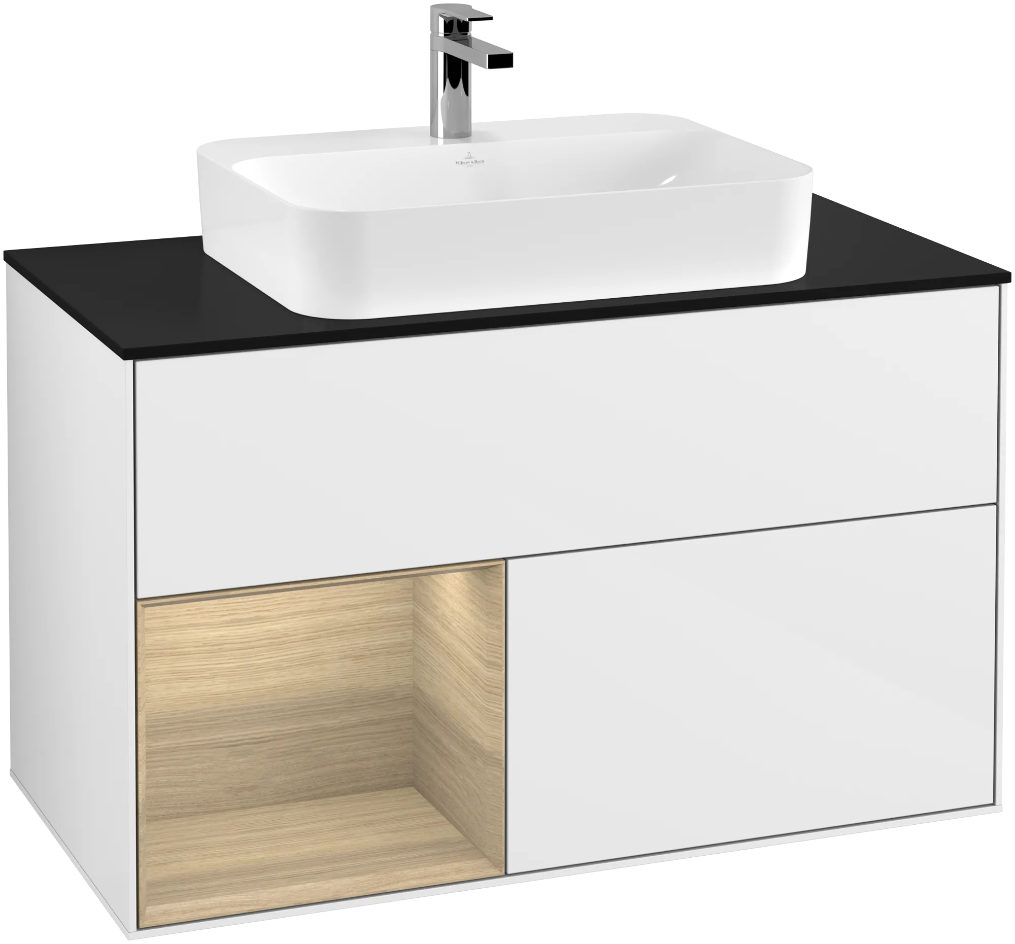 Picture of VILLEROY BOCH Finion Vanity unit, with lighting, 2 pull-out compartments, 1000 x 603 x 501 mm, Glossy White Lacquer / Oak Veneer / Glass Black Matt #G362PCGF