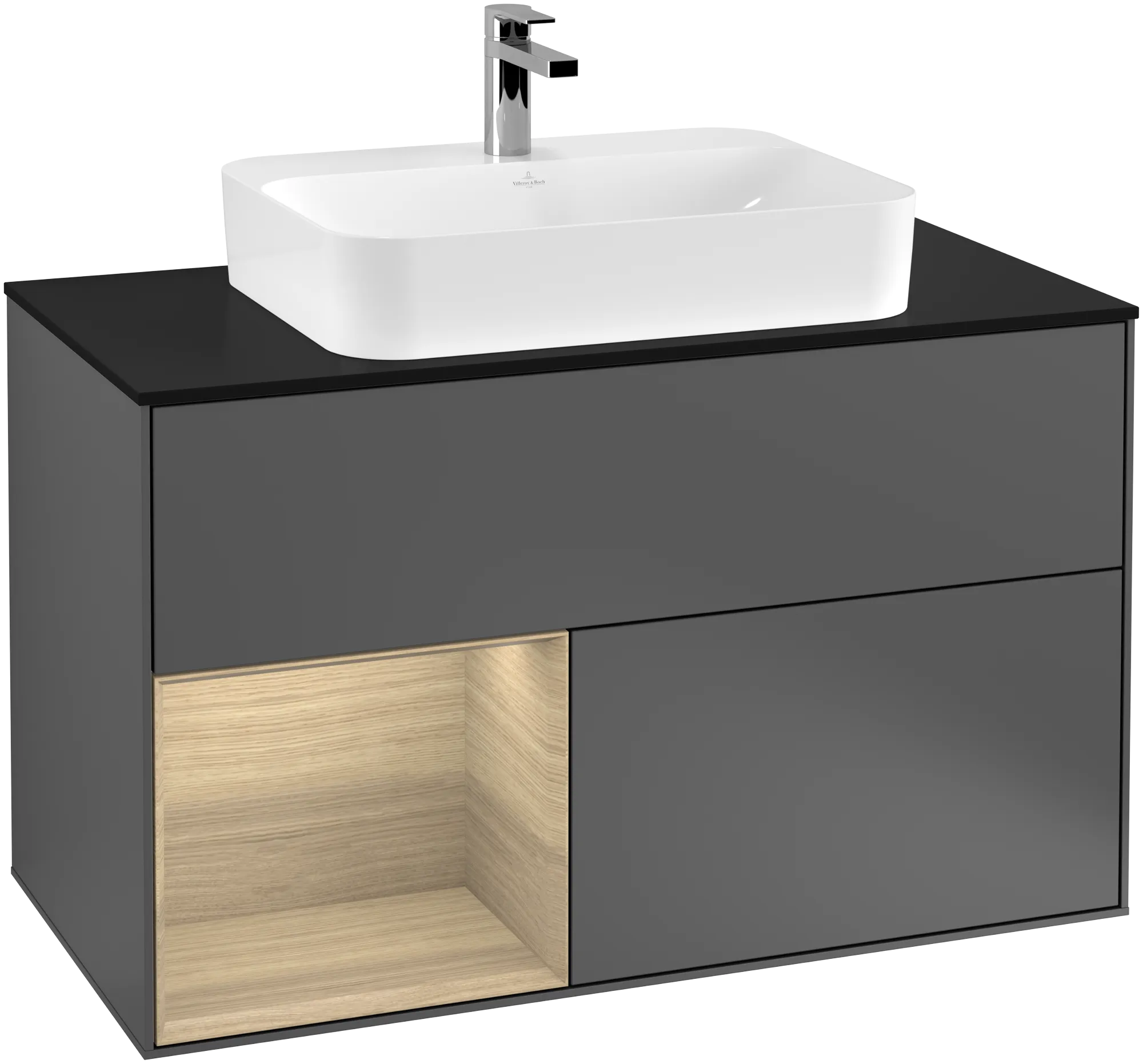 Picture of VILLEROY BOCH Finion Vanity unit, with lighting, 2 pull-out compartments, 1000 x 603 x 501 mm, Anthracite Matt Lacquer / Oak Veneer / Glass Black Matt #G362PCGK