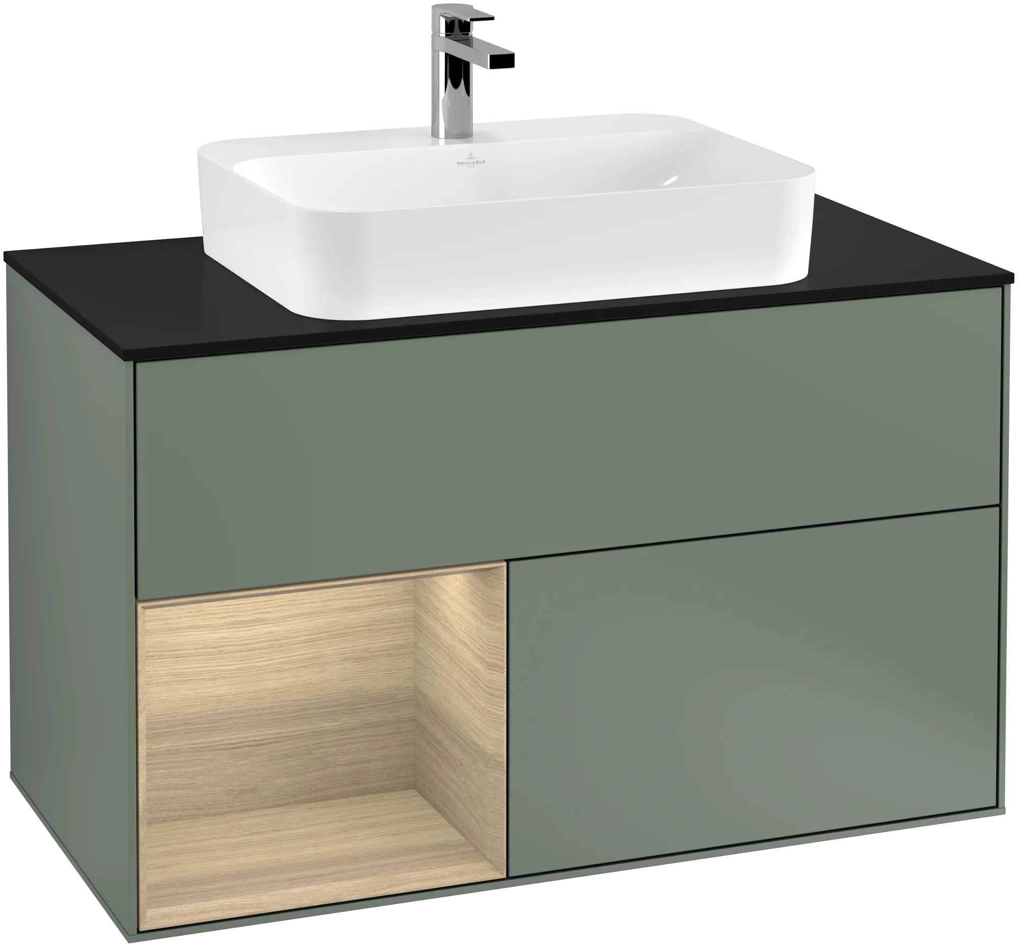 Picture of VILLEROY BOCH Finion Vanity unit, with lighting, 2 pull-out compartments, 1000 x 603 x 501 mm, Olive Matt Lacquer / Oak Veneer / Glass Black Matt #G362PCGM