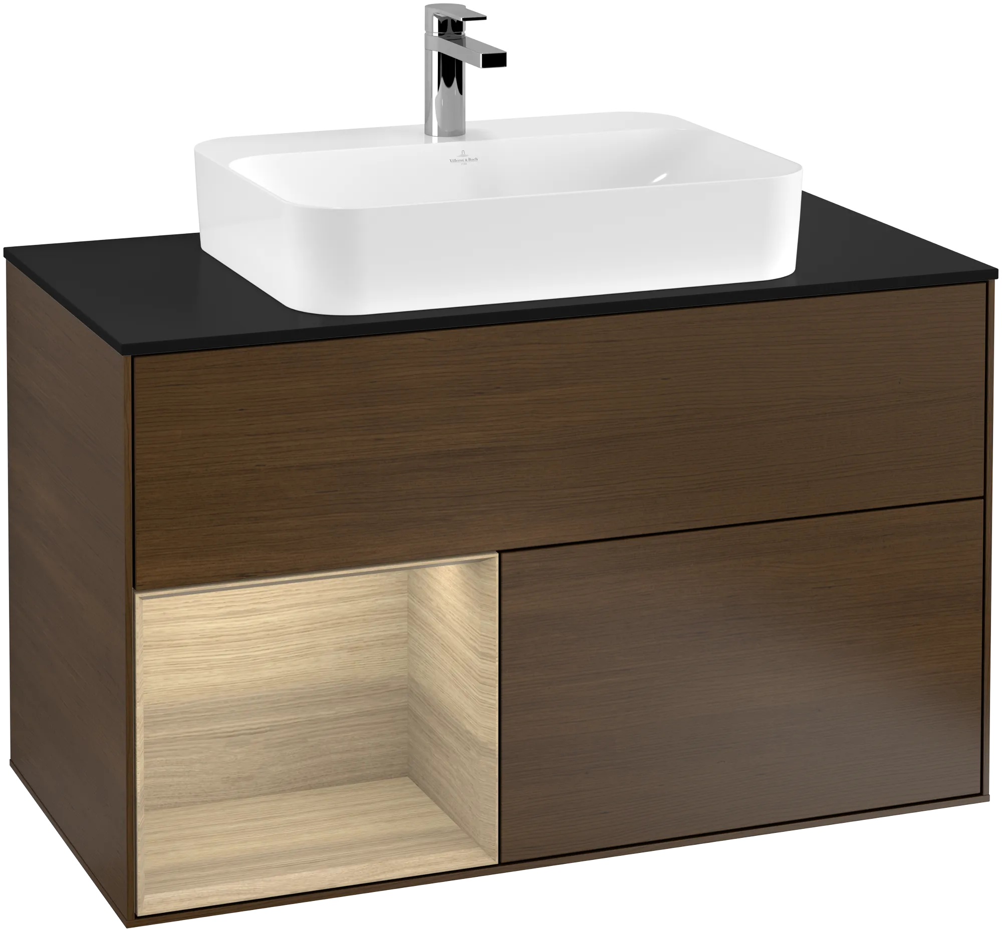 Picture of VILLEROY BOCH Finion Vanity unit, with lighting, 2 pull-out compartments, 1000 x 603 x 501 mm, Walnut Veneer / Oak Veneer / Glass Black Matt #G362PCGN