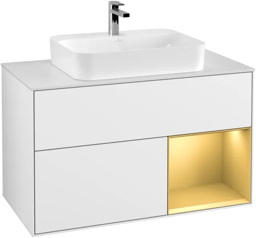 Picture of VILLEROY BOCH Finion Vanity unit, with lighting, 2 pull-out compartments, 1000 x 603 x 501 mm, Glossy White Lacquer / Gold Matt Lacquer / Glass White Matt #G371HFGF