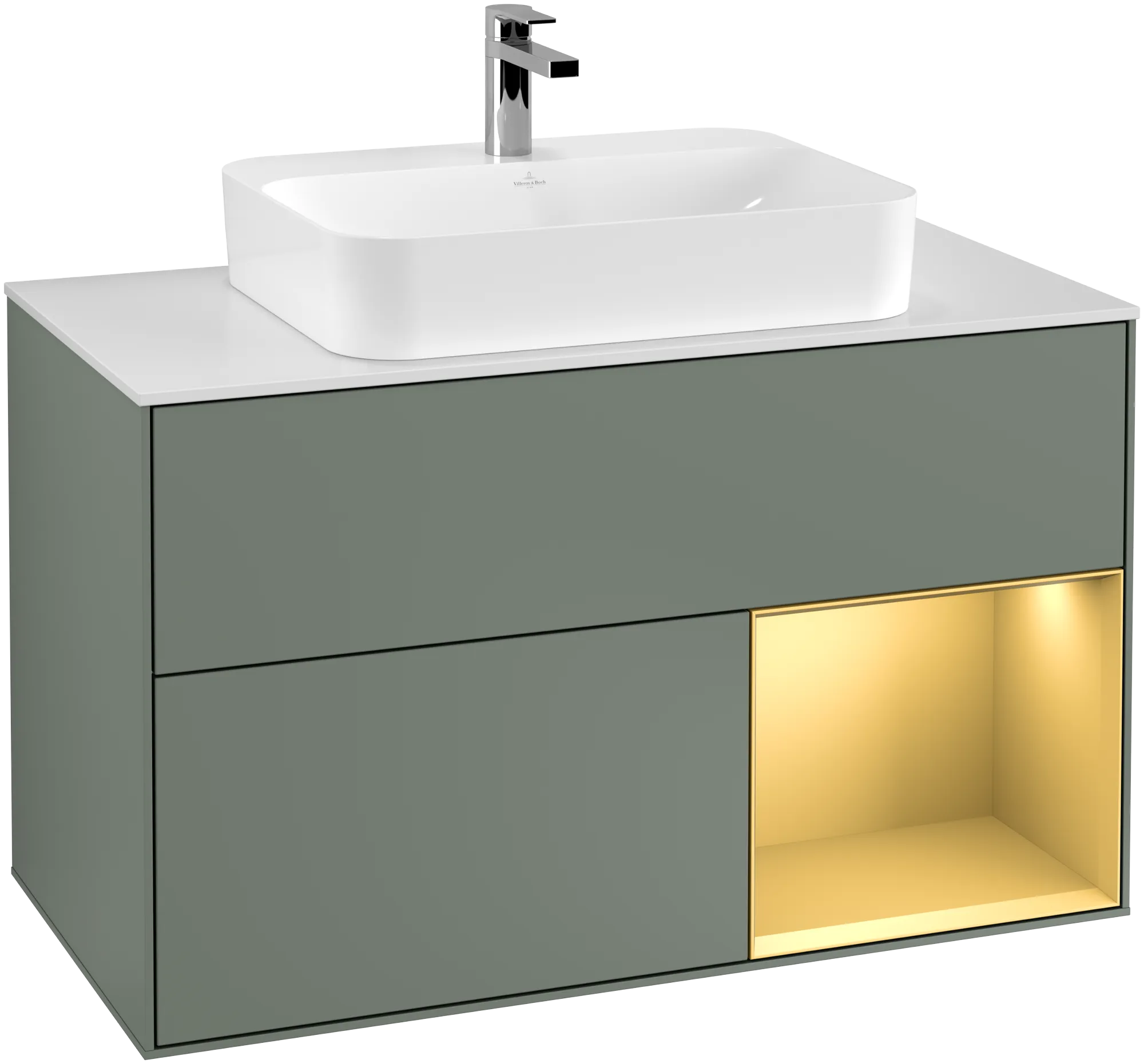 Picture of VILLEROY BOCH Finion Vanity unit, with lighting, 2 pull-out compartments, 1000 x 603 x 501 mm, Olive Matt Lacquer / Gold Matt Lacquer / Glass White Matt #G371HFGM