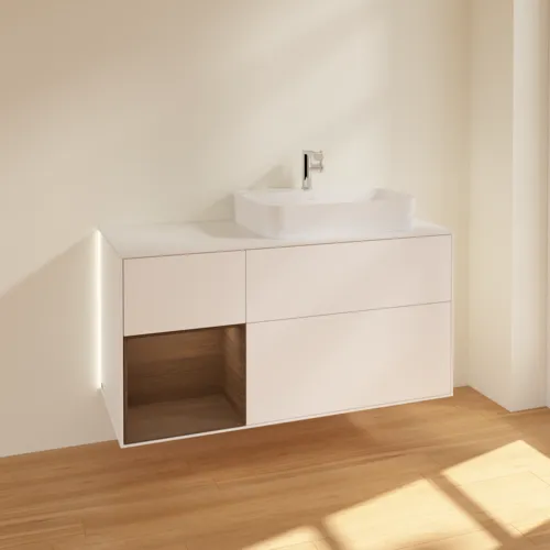 Bild von VILLEROY BOCH Finion Waschbeckenunterschrank, mit Beleuchtung, 3 Auszüge, 1200 x 603 x 501 mm, White Matt Lacquer / Walnut Veneer / Glass White Matt #G391GNMT
