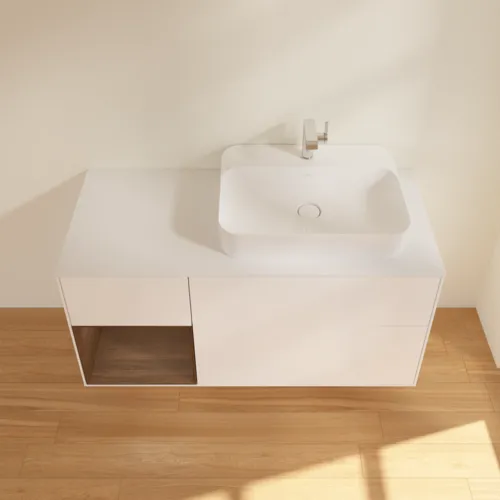 Bild von VILLEROY BOCH Finion Waschbeckenunterschrank, mit Beleuchtung, 3 Auszüge, 1200 x 603 x 501 mm, White Matt Lacquer / Walnut Veneer / Glass White Matt #G391GNMT