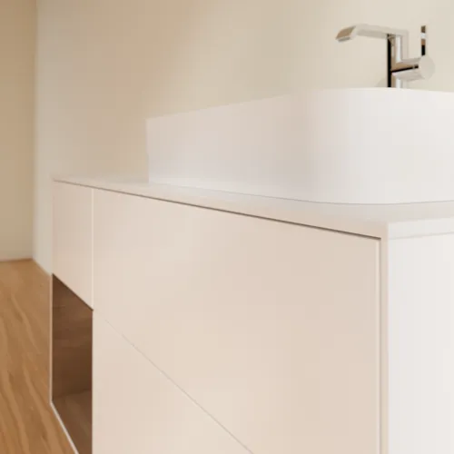 Bild von VILLEROY BOCH Finion Waschbeckenunterschrank, mit Beleuchtung, 3 Auszüge, 1200 x 603 x 501 mm, White Matt Lacquer / Walnut Veneer / Glass White Matt #G391GNMT