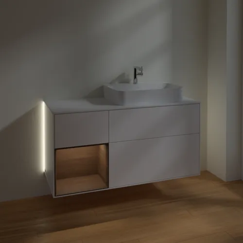 Bild von VILLEROY BOCH Finion Waschbeckenunterschrank, mit Beleuchtung, 3 Auszüge, 1200 x 603 x 501 mm, White Matt Lacquer / Walnut Veneer / Glass White Matt #G391GNMT