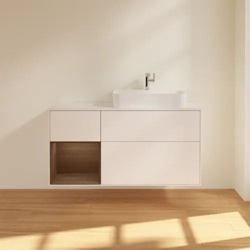 Bild von VILLEROY BOCH Finion Waschbeckenunterschrank, mit Beleuchtung, 3 Auszüge, 1200 x 603 x 501 mm, White Matt Lacquer / Walnut Veneer / Glass White Matt #G391GNMT