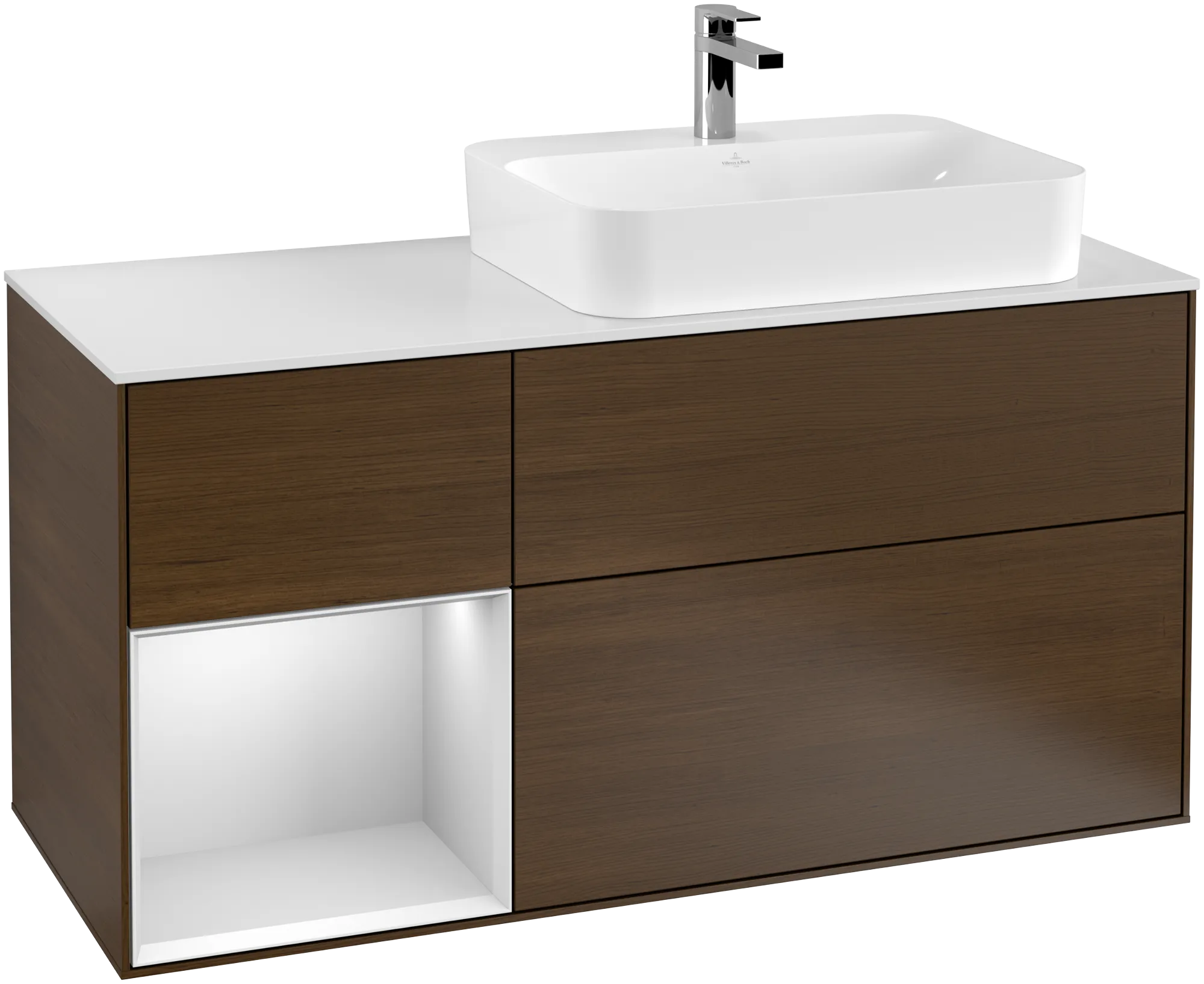 Picture of VILLEROY BOCH Finion Vanity unit, with lighting, 3 pull-out compartments, 1200 x 603 x 501 mm, Walnut Veneer / White Matt Lacquer / Glass White Matt #G391MTGN