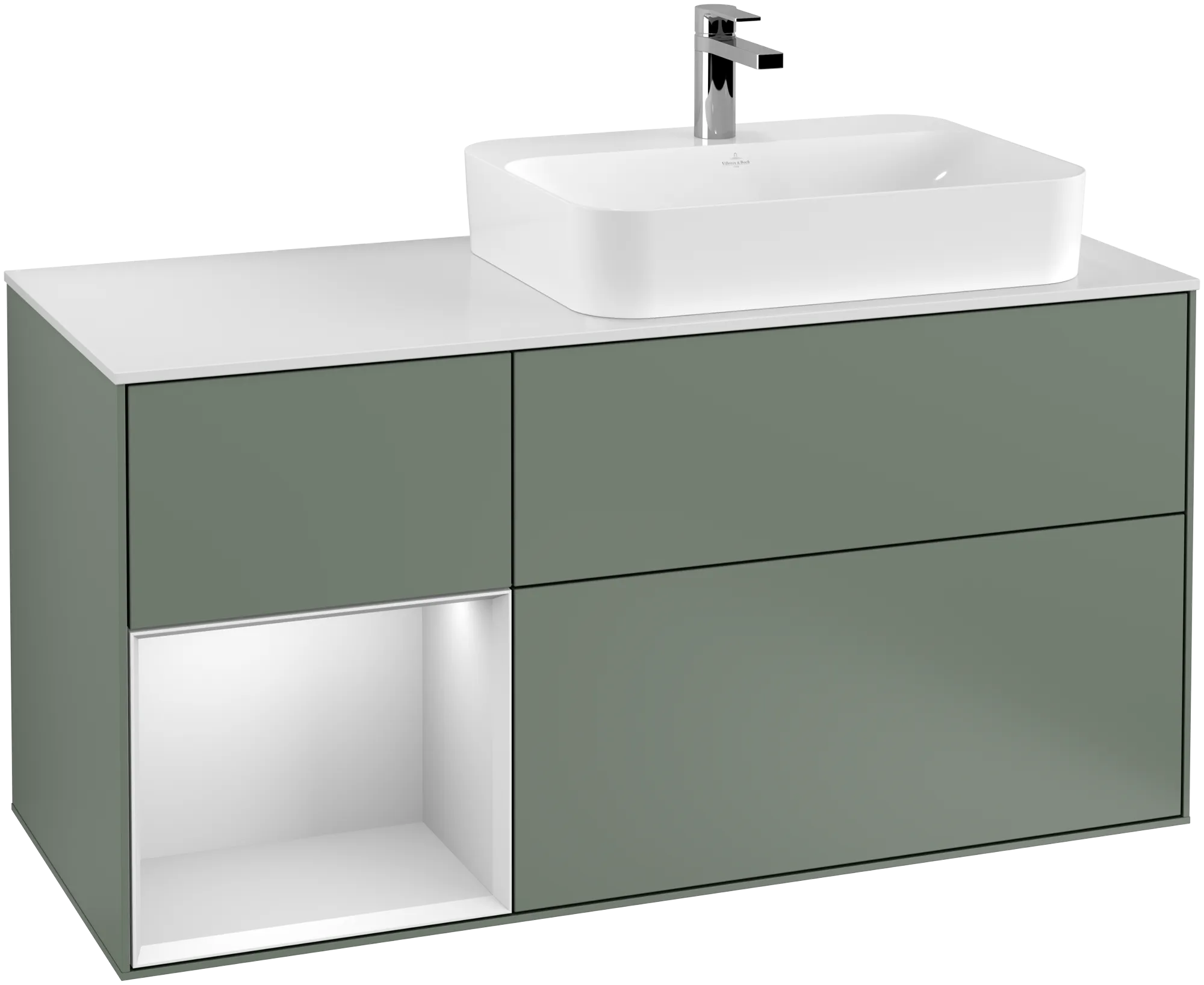 Picture of VILLEROY BOCH Finion Vanity unit, with lighting, 3 pull-out compartments, 1200 x 603 x 501 mm, Olive Matt Lacquer / White Matt Lacquer / Glass White Matt #G391MTGM