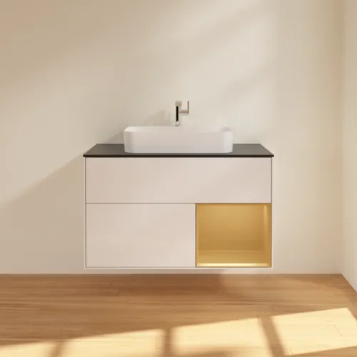 VILLEROY BOCH Finion Waschbeckenunterschrank, mit Beleuchtung, 2 Auszüge, 1000 x 603 x 501 mm, Glossy White Lacquer / Gold Matt Lacquer / Glass Black Matt #G372HFGF, Bild 3