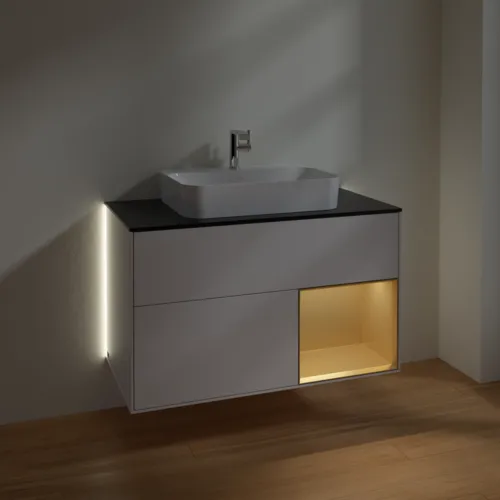 VILLEROY BOCH Finion Waschbeckenunterschrank, mit Beleuchtung, 2 Auszüge, 1000 x 603 x 501 mm, Glossy White Lacquer / Gold Matt Lacquer / Glass Black Matt #G372HFGF, Bild 5