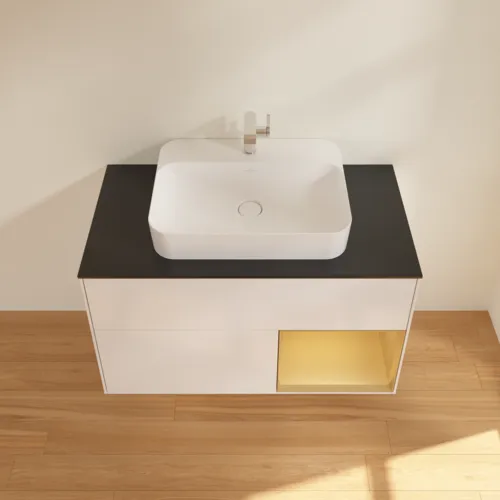VILLEROY BOCH Finion Waschbeckenunterschrank, mit Beleuchtung, 2 Auszüge, 1000 x 603 x 501 mm, Glossy White Lacquer / Gold Matt Lacquer / Glass Black Matt #G372HFGF, Bild 4