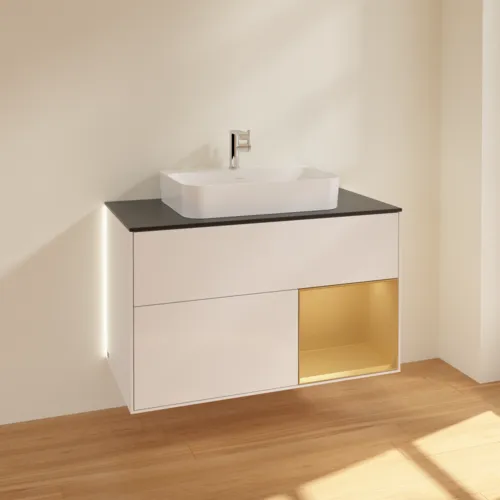 VILLEROY BOCH Finion Waschbeckenunterschrank, mit Beleuchtung, 2 Auszüge, 1000 x 603 x 501 mm, Glossy White Lacquer / Gold Matt Lacquer / Glass Black Matt #G372HFGF, Bild 2