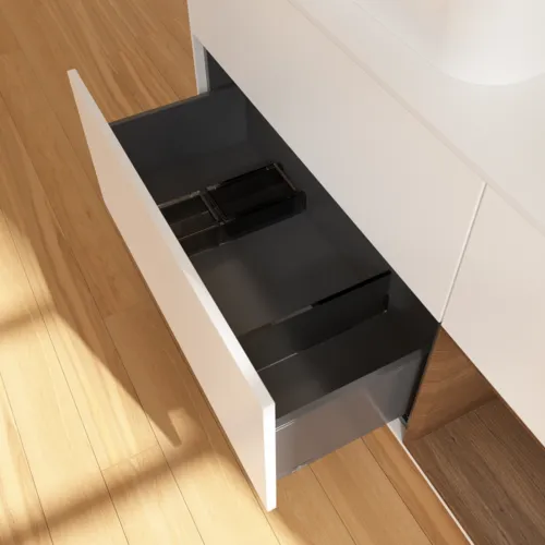 Bild von VILLEROY BOCH Finion Waschbeckenunterschrank, mit Beleuchtung, 3 Auszüge, 1200 x 603 x 501 mm, White Matt Lacquer / Walnut Veneer / Glass White Matt #G401GNMT