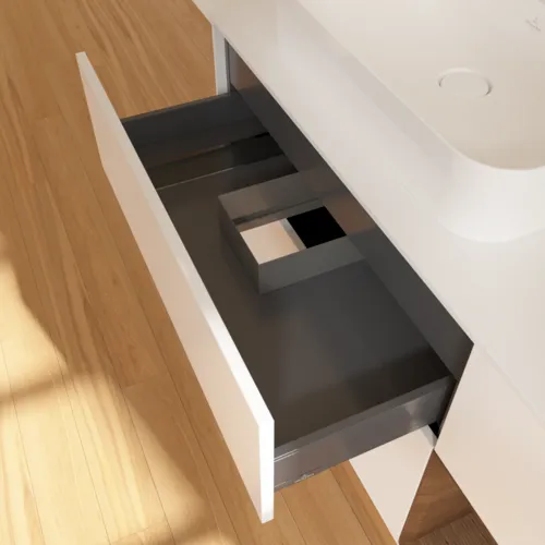 Bild von VILLEROY BOCH Finion Waschbeckenunterschrank, mit Beleuchtung, 3 Auszüge, 1200 x 603 x 501 mm, White Matt Lacquer / Walnut Veneer / Glass White Matt #G401GNMT