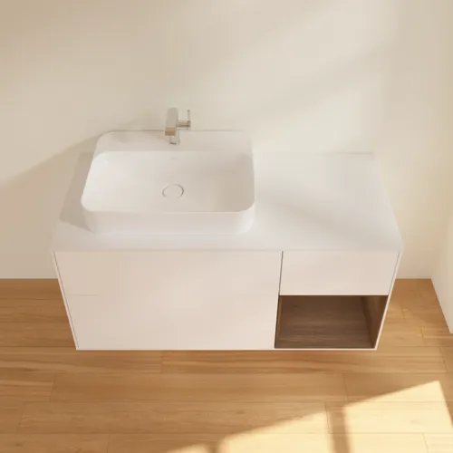 Bild von VILLEROY BOCH Finion Waschbeckenunterschrank, mit Beleuchtung, 3 Auszüge, 1200 x 603 x 501 mm, White Matt Lacquer / Walnut Veneer / Glass White Matt #G401GNMT