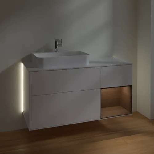 Bild von VILLEROY BOCH Finion Waschbeckenunterschrank, mit Beleuchtung, 3 Auszüge, 1200 x 603 x 501 mm, White Matt Lacquer / Walnut Veneer / Glass White Matt #G401GNMT