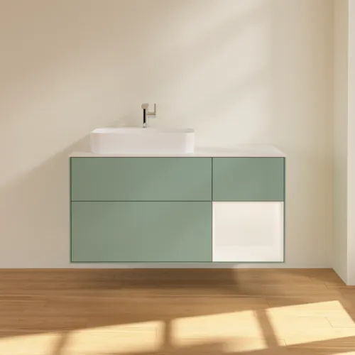 Obrázek VILLEROY BOCH Finion Vanity unit, with lighting, 3 pull-out compartments, 1200 x 603 x 501 mm, Olive Matt Lacquer / White Matt Lacquer / Glass White Matt #G401MTGM