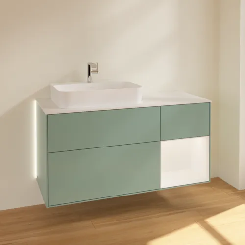Obrázek VILLEROY BOCH Finion Vanity unit, with lighting, 3 pull-out compartments, 1200 x 603 x 501 mm, Olive Matt Lacquer / White Matt Lacquer / Glass White Matt #G401MTGM
