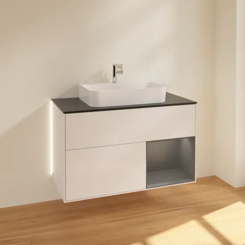 Picture of VILLEROY BOCH Finion Vanity unit, with lighting, 2 pull-out compartments, 1000 x 603 x 501 mm, Glossy White Lacquer / Anthracite Matt Lacquer / Glass Black Matt #G372GKGF