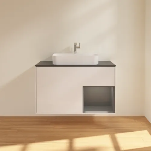 Picture of VILLEROY BOCH Finion Vanity unit, with lighting, 2 pull-out compartments, 1000 x 603 x 501 mm, Glossy White Lacquer / Anthracite Matt Lacquer / Glass Black Matt #G372GKGF