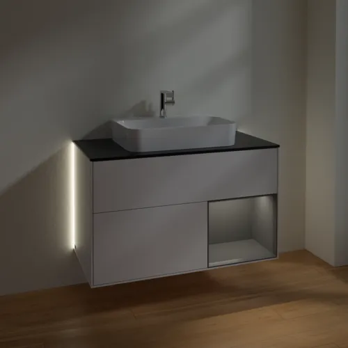 Picture of VILLEROY BOCH Finion Vanity unit, with lighting, 2 pull-out compartments, 1000 x 603 x 501 mm, Glossy White Lacquer / Anthracite Matt Lacquer / Glass Black Matt #G372GKGF