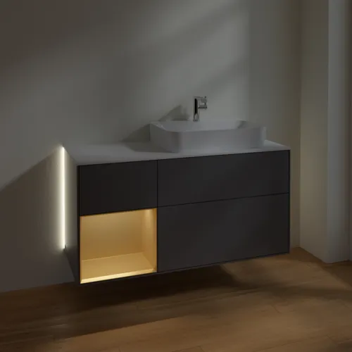 Obrázek VILLEROY BOCH Finion Vanity unit, with lighting, 3 pull-out compartments, 1200 x 603 x 501 mm, Anthracite Matt Lacquer / Gold Matt Lacquer / Glass White Matt #G391HFGK