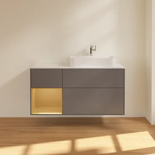 Obrázek VILLEROY BOCH Finion Vanity unit, with lighting, 3 pull-out compartments, 1200 x 603 x 501 mm, Anthracite Matt Lacquer / Gold Matt Lacquer / Glass White Matt #G391HFGK