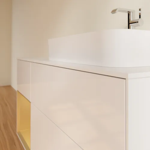Bild von VILLEROY BOCH Finion Waschbeckenunterschrank, mit Beleuchtung, 3 Auszüge, 1200 x 603 x 501 mm, Glossy White Lacquer / Gold Matt Lacquer / Glass White Matt #G391HFGF