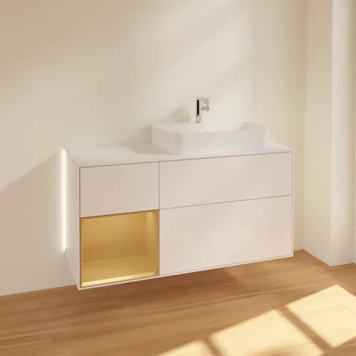 Bild von VILLEROY BOCH Finion Waschbeckenunterschrank, mit Beleuchtung, 3 Auszüge, 1200 x 603 x 501 mm, Glossy White Lacquer / Gold Matt Lacquer / Glass White Matt #G391HFGF