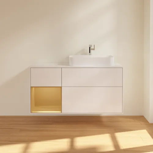 Bild von VILLEROY BOCH Finion Waschbeckenunterschrank, mit Beleuchtung, 3 Auszüge, 1200 x 603 x 501 mm, Glossy White Lacquer / Gold Matt Lacquer / Glass White Matt #G391HFGF