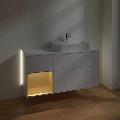 Bild von VILLEROY BOCH Finion Waschbeckenunterschrank, mit Beleuchtung, 3 Auszüge, 1200 x 603 x 501 mm, Glossy White Lacquer / Gold Matt Lacquer / Glass White Matt #G391HFGF