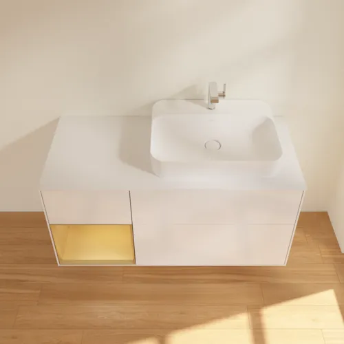 Bild von VILLEROY BOCH Finion Waschbeckenunterschrank, mit Beleuchtung, 3 Auszüge, 1200 x 603 x 501 mm, Glossy White Lacquer / Gold Matt Lacquer / Glass White Matt #G391HFGF