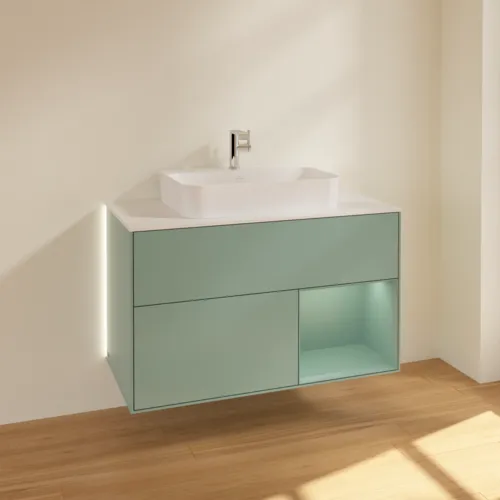 Obrázek VILLEROY BOCH Finion Vanity unit, with lighting, 2 pull-out compartments, 1000 x 603 x 501 mm, Olive Matt Lacquer / Olive Matt Lacquer / Glass White Matt #G371GMGM